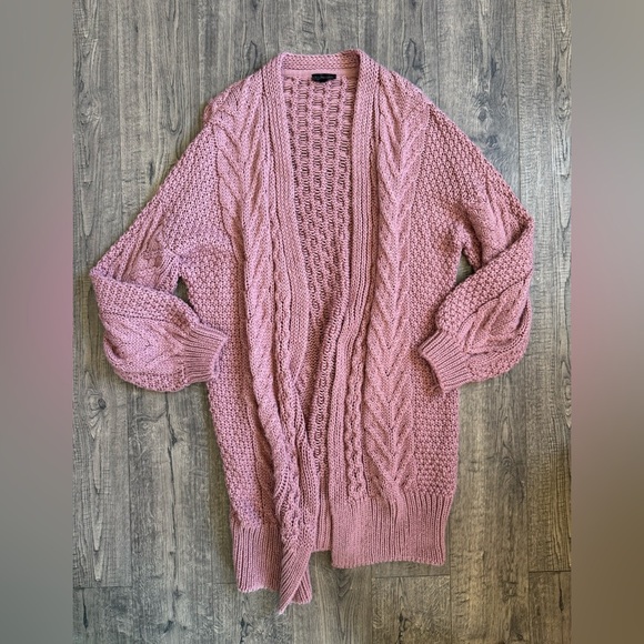 Topshop Cable Knit Balloon Sleeve Cardigan Sweater - Dusty Rose- Size 6 - Picture 2 of 6